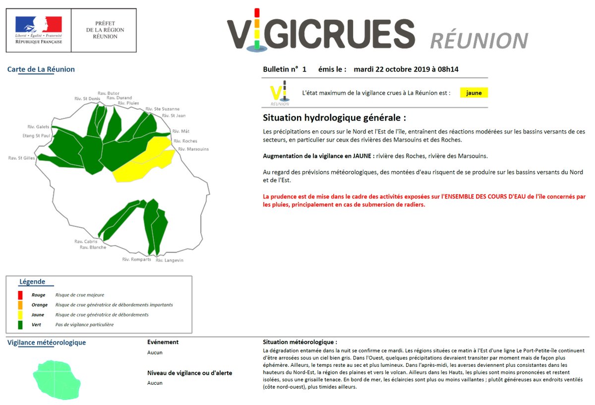 Prefet974's tweet image. [VIGILANCE CRUE JAUNE] rivière des Roches et rivière des Marsouins. Des montées d'eau risquent de se produire sur les bassins versants du Nord et de l'Est. Prudence sur l'ENSEMBLE DES COURS D'EAU concernés par les pluie. 
vigicrues-reunion.re