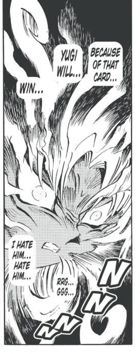 Hadn’t ever thought of it until now, but the appearance of Marik’s Millennium alter ego could definitely be interpreted as Marik’s sheer hatred and malice shown throughout Battle City finally becoming so out of control to the point where it literally warps his entire being.