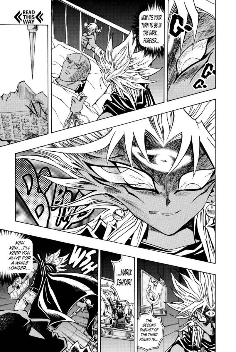 Hadn’t ever thought of it until now, but the appearance of Marik’s Millennium alter ego could definitely be interpreted as Marik’s sheer hatred and malice shown throughout Battle City finally becoming so out of control to the point where it literally warps his entire being.