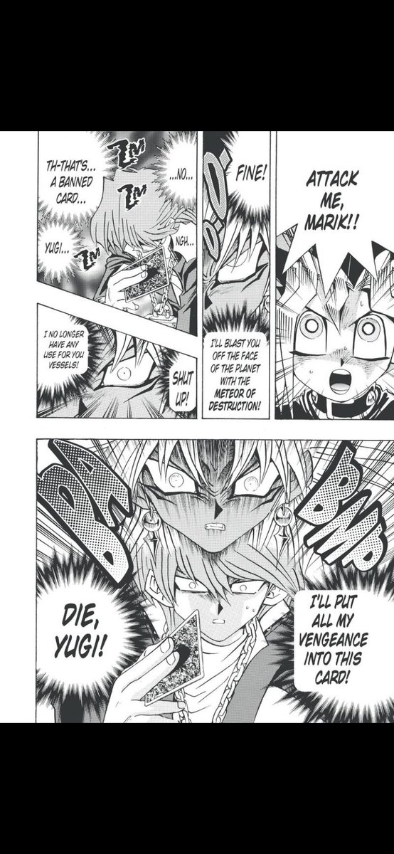 Hadn’t ever thought of it until now, but the appearance of Marik’s Millennium alter ego could definitely be interpreted as Marik’s sheer hatred and malice shown throughout Battle City finally becoming so out of control to the point where it literally warps his entire being.