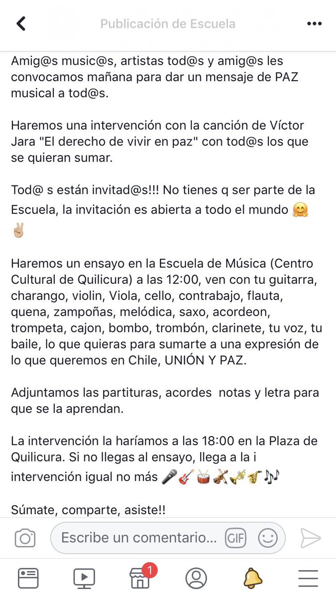 Mañana en la <a href="/EscuelaESoro/">Escuela Enrique Soro</a> intervención musical por la Paz 🎶 nos juntamos a las 12:00 en la escuela!! A las 18:00 sería la intervención en la plaza de Quilicura ✌🏼