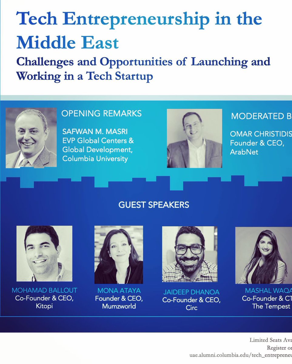 MeVerunka's tweet photo. We held a great event with @ColumbiaAlumniA #CAAinUAE on tech entrepreneurship in the Middle East w @ArabNetME @mumzworld The Tempest and Kitopi. Thanks to @Columbia Safwan Masri for the opening remarks! #techinME #Entrepreneurship https://t.co/k3EZk4Y71n