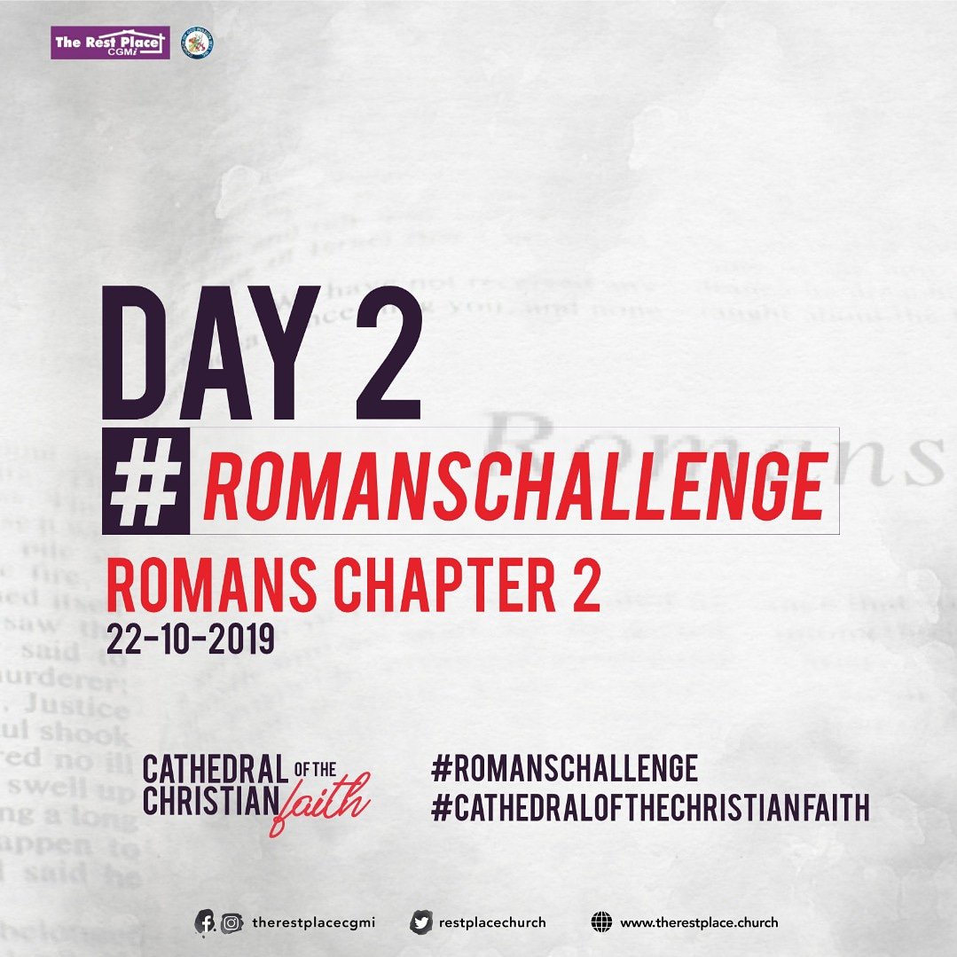RestPlaceChurch's tweet photo. It is day 2 of the #RomansChallenge and the scripture for today is Romans chapter 2.

Feel free to share your lessons using the hashtag #ROMANSCHALLENGE.

#therestplacecgmi 
#RomansChallenge 
#CathedralOfTheChristianFaith
#FerventPrayers https://t.co/MSCL4YxqG5