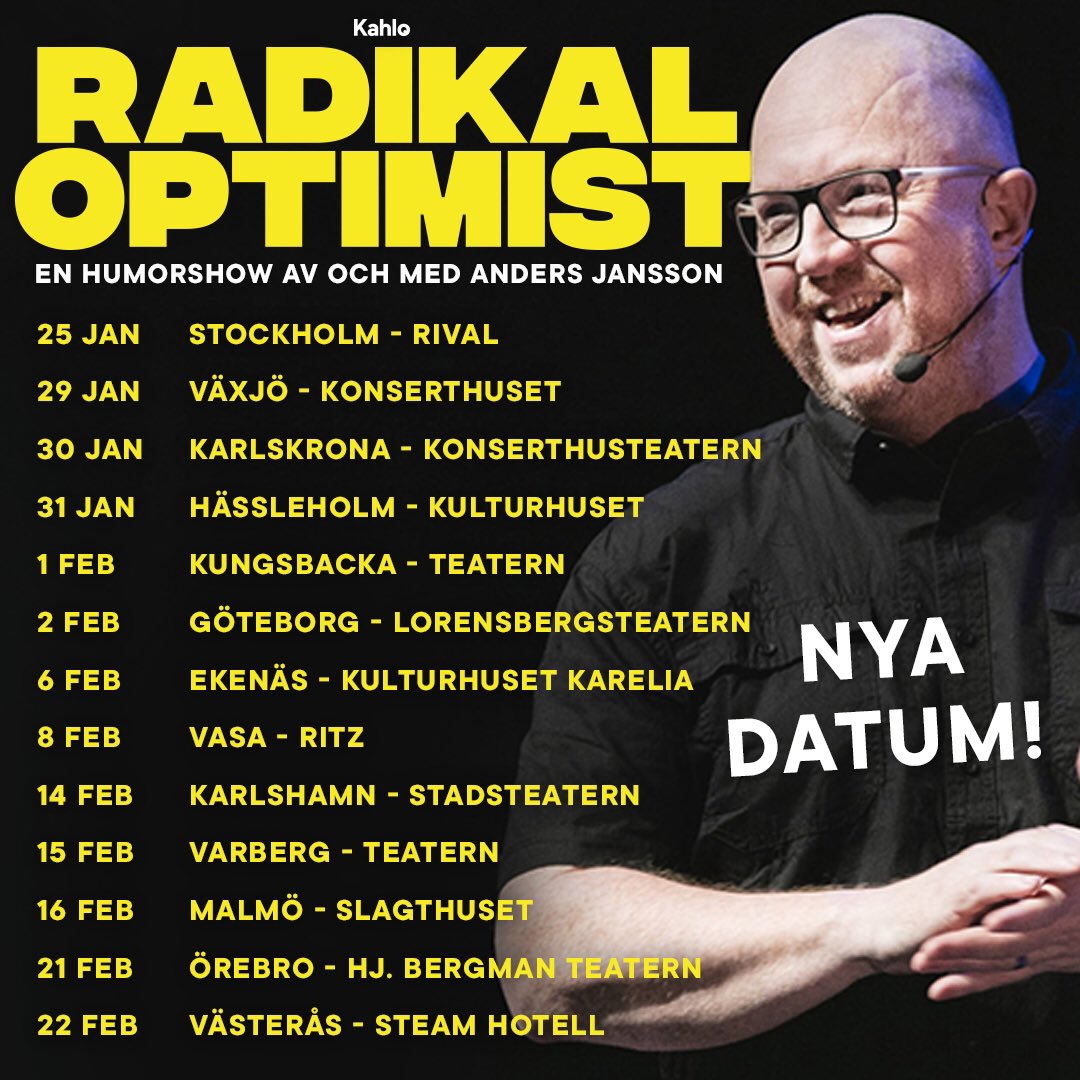 and3rsjansson's tweet image. Kul nyhet! Vi släpper NYA DATUM för min humorshow Radikal Optimist. Jan-Feb 2020 med bl a Stockholm, Karlskrona, Karlshamn och FINLAND🇫🇮Hurra! biljetter på kahlo .se 😊⭐️🤓