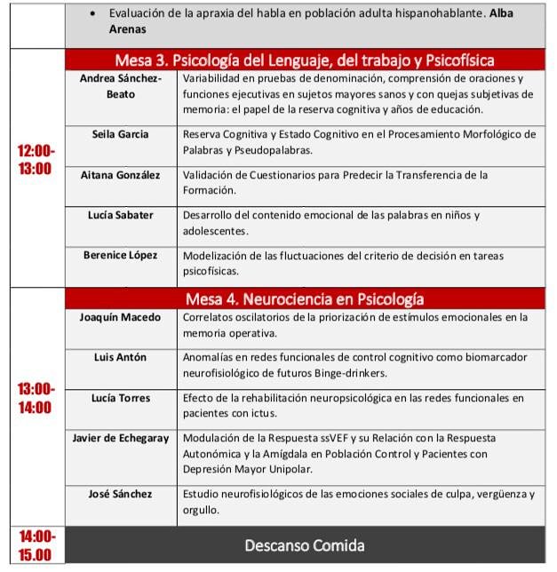Y os preguntaréis con qué seguiremos después de la pausa para el café... 🤔
Pues continuaremos hablando de lenguaje, la ps. del trabajo, la psicofísica y la neuropsicología!
¿Y por la tarde? Mañana os lo contamos 😉

#phdaypsicologia2019 #psicologia #doctorado #investigacion
