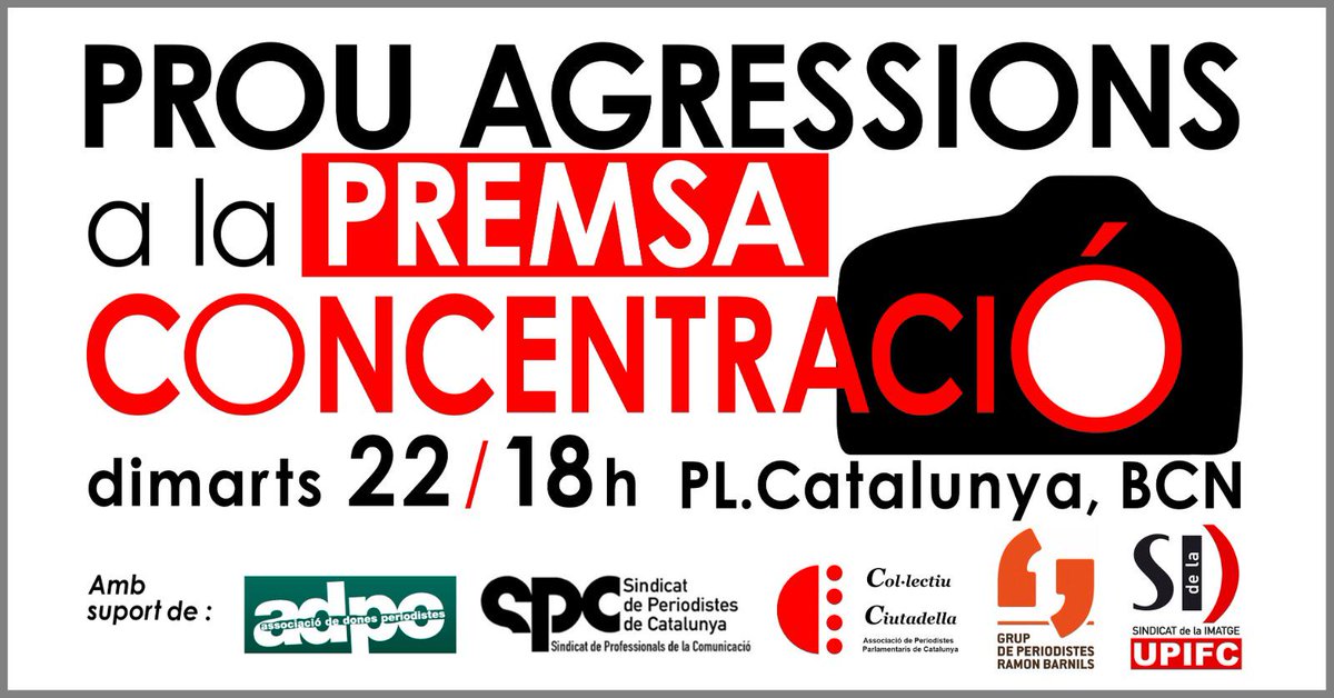65 agressions contra #periodistes i professionals #informacio. Són xifres impròpies d'una #democràcia.
Concentració de rebuig avui 22/10 a les 18h a Pça Catalunya <a href="/GrupBarnils/">Grup de Periodistes Ramon Barnils</a> <a href="/ADPCdones/">Associació de Dones Periodistes de Catalunya</a> <a href="/CCiutadella/">Col·lectiu Ciutadella</a> <a href="/UPIFC/">Sindicat Imatge UPIFC</a> i <a href="/periodistescat/">Sindicat Periodistes</a> 
Manifest👉bit.ly/2W0SQxY