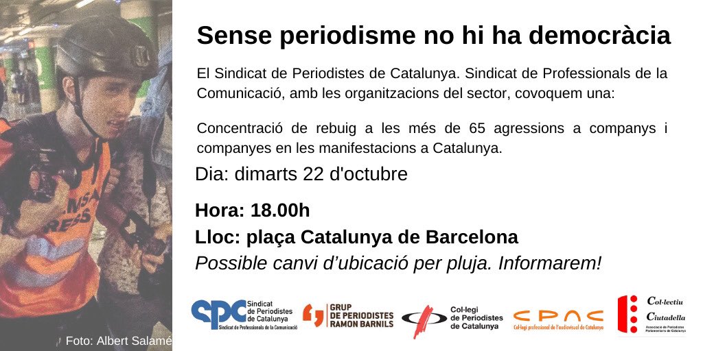 Apunta 📝 18h, concentració per mostrar públicament el rebuig a les agressions a #periodistes i professionals de la #informacio <a href="/GrupBarnils/">Grup de Periodistes Ramon Barnils</a> <a href="/ADPCdones/">Associació de Dones Periodistes de Catalunya</a> <a href="/CCiutadella/">Col·lectiu Ciutadella</a> <a href="/UPIFC/">Sindicat Imatge UPIFC</a> i <a href="/periodistescat/">Sindicat Periodistes</a> 

Aquí, el manifest “Sense periodisme no hi ha democràcia” 
⬇️⬇️⬇️
bit.ly/2W0SQxY