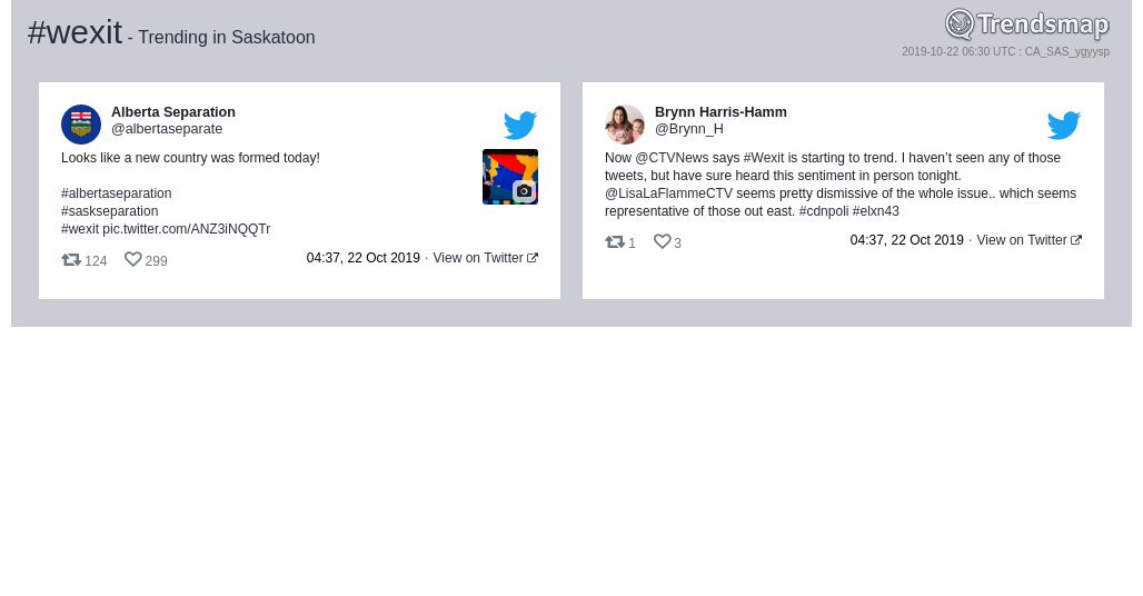 TrendsSaskatoon's tweet photo. #wexit is now trending in #YXE

https://t.co/g4Tdz1PV8h https://t.co/jfoDL2UsZg