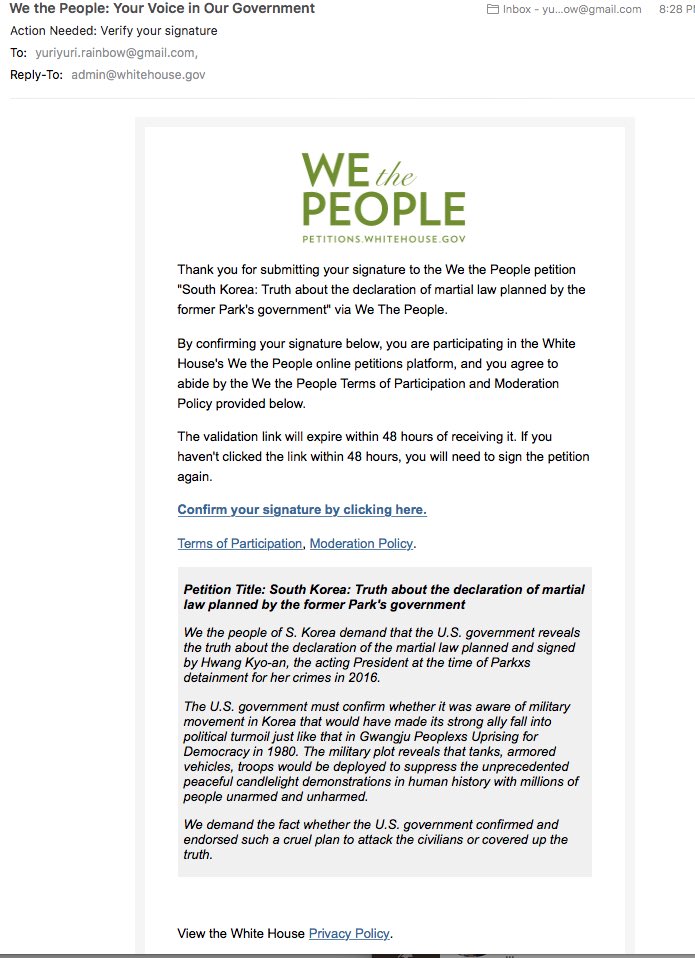 ✅백악관 청원: 국가전복 게엄령✅

박근혜 탄핵당시 황교안 직무대행이
촛불국민 민간인들을 살상하고
정부기관을 장악하려는
게엄령발동을 이미 실행했다는데

📌미국정부에서 그 사실을 묵인했는지
📌극비로 숨겼는지 밝힐것

백악관청원 30일안에 십만명 가자‼️

petitions.whitehouse.gov/petition/south…