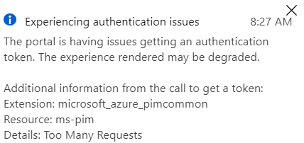 jenohr's tweet photo. Hi,  @MSFT365Status we are seeing these messages in portal Azure today.  when logging in and using PIM https://t.co/PHRG8QAmIV