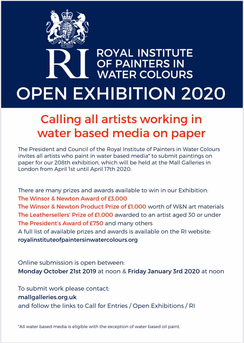 Submission to the RI 2020 exhibition is now open &amp; closes Friday 3 January 2020. The RI exhibition is the largest open exhibition of contemporary water based media in the world. …instituteofpaintersinwatercolours.org/ri-2019-how-to…