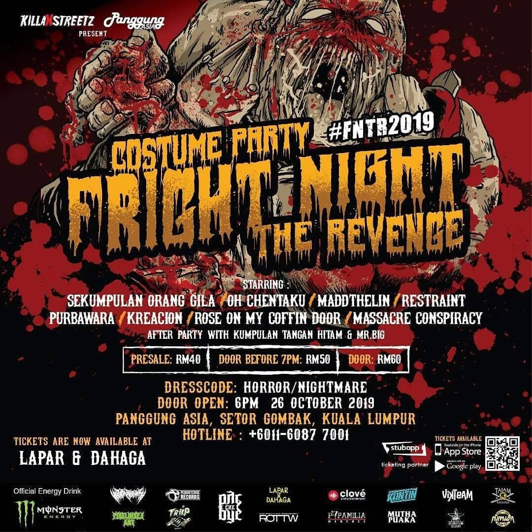 DeathReturns's tweet image. This Saturday! 26 october! Panggung Asia setor gombak KL!

Horror theme costume music event!

FRIGHT NIGHT THE REVENGE (#FNTR2019)

@Grungermalaysia @bypass_online @twt_muzik @kakiseni @Rantaiart @thedailyseni @RisingMalaysia