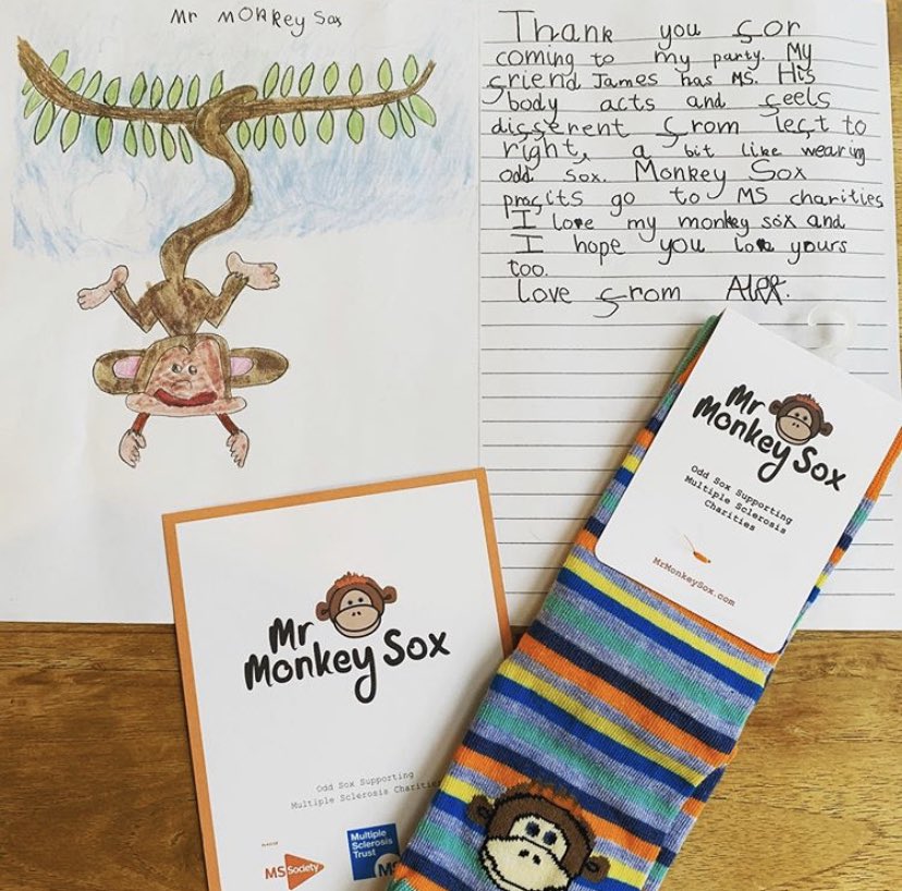 monkeysox_org's tweet photo. Monkey Sox opens new ways of talking about #multiplesclerosis + Alex lit up our hearts with this note ✨🧡Thank you Alex for choosing #monkeysox for your party bags, you’re a star! Be inspired and buy kids socks online to donate to @mssocietyuk @MSTrust @MSUK6 #MultipleSclerosis https://t.co/GVc5o0XP7z