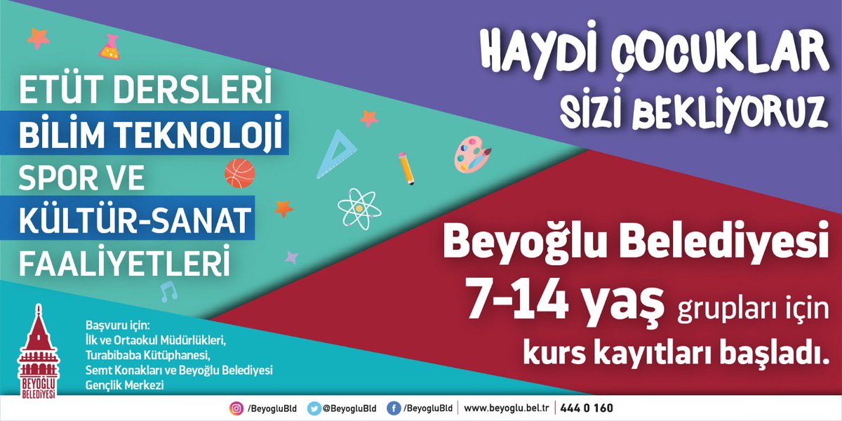Kadımehmet Semt Konağı (@kadmehmet) on Twitter photo Çocuklarımız, "Bizim için değerli".
Beyoğlu Belediyesi Semt Konakları 7-14 yaş çocuklar için etüt dersleri,yeteneklerini eğitimle geliştirebilecekleri kültür ve sanat derslerinin kurs kayıtları yarın başlıyor...<a href="/haydaraliyildiz/">🇹🇷Haydar Ali YILDIZ</a> Çocuklarımız, "Bizim için değerli".
Beyoğlu Belediyesi Semt Konakları 7-14 yaş çocuklar için etüt dersleri,yeteneklerini eğitimle geliştirebilecekleri kültür ve sanat derslerinin kurs kayıtları yarın başlıyor...<a href="/haydaraliyildiz/">🇹🇷Haydar Ali YILDIZ</a>