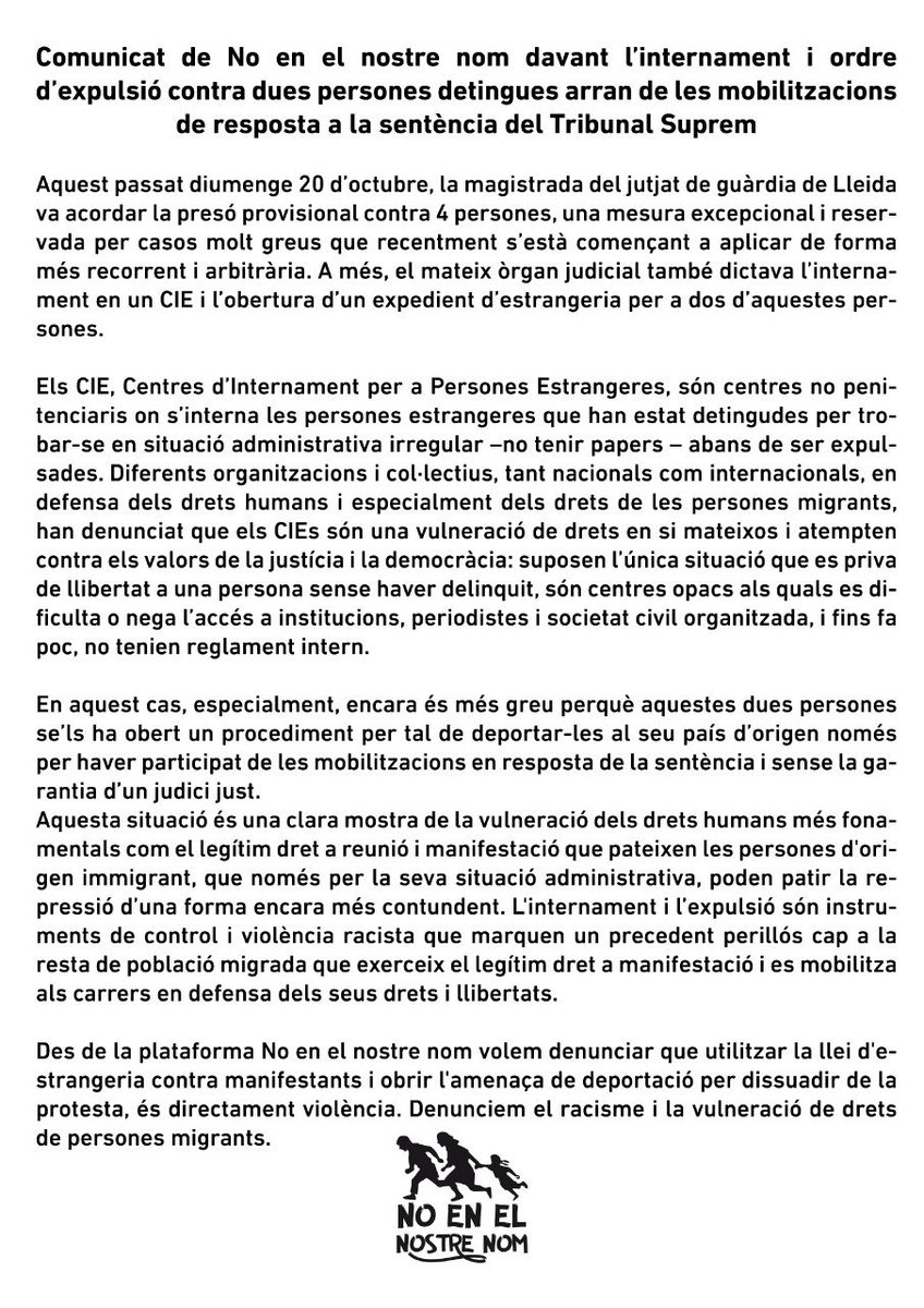 📃Comunicat de No en el nostre nom davant l'internament i ordre d'expulsió contra dues persones detingudes arran de les mobilitzacions de resposta a la sentència del TS

⚠️ Concentració de suport!
📅Avui dimarts 22O
🕔19.30h
🏛️ Delegació del <a href="/govern/">Govern de Catalunya</a> a #Lleida (Plaça Catalunya)