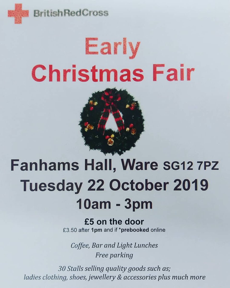casl46's tweet photo. @radioverulam Don’t miss the #HertsChristmasFair at #FanhamsHall today. Raising funds for #BritishRedCross. 30 quality stalls • refreshments &amp; light lunches available • free parking  #christmasshopping #herts #dayout https://t.co/LkbqLyUmtH
