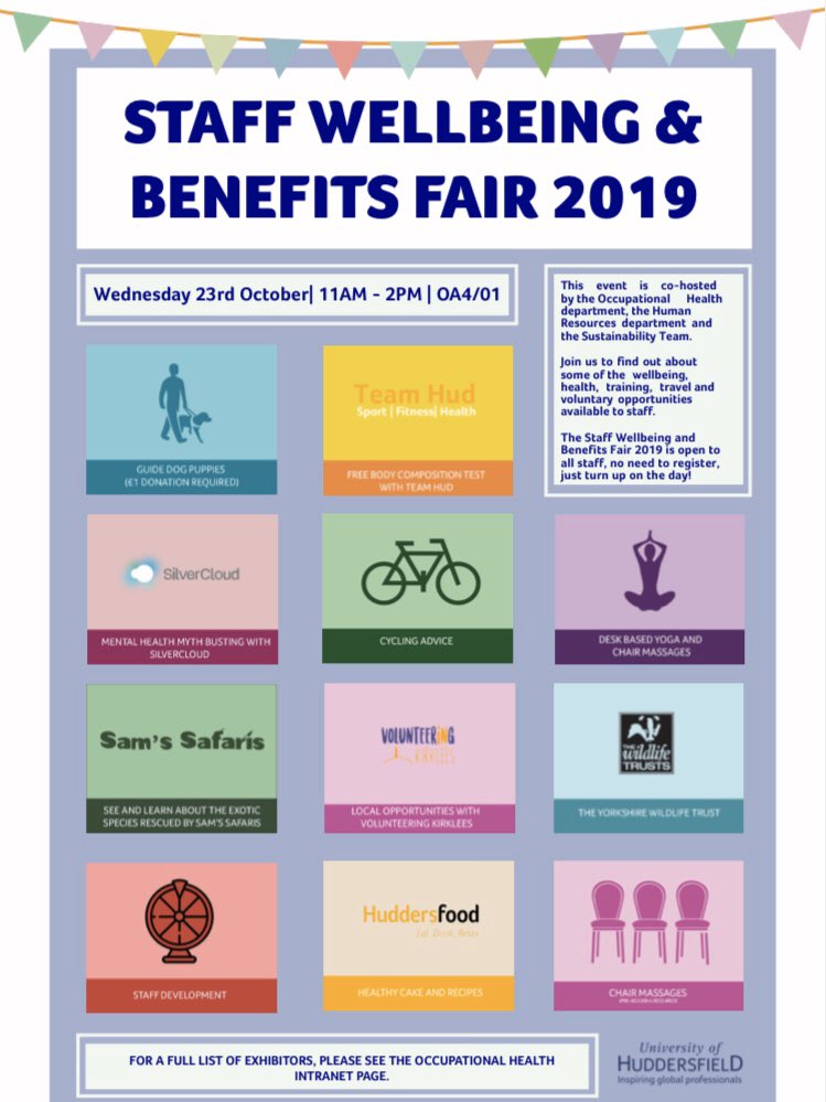 HudEvents's tweet photo. Staff of University of Huddersfield, make sure you come down to OA4/01 for Tomorrow’s (Wednesday 23rd) Wellbeing and Benefits Fair 2019 https://t.co/owZP2Kbgpg