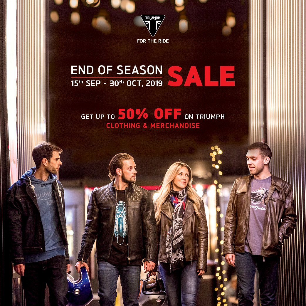IndiaTriumph's tweet photo. Our performance riderwear & everyday casualwear is available at special prices till Oct 30 in our Annual End of Season Sale.
Hurry, rush to the nearest Triumph dealer to pick your favourite.
#TriumphClothing #EOSSale #TriumphIndia https://t.co/sc07VTCRu1