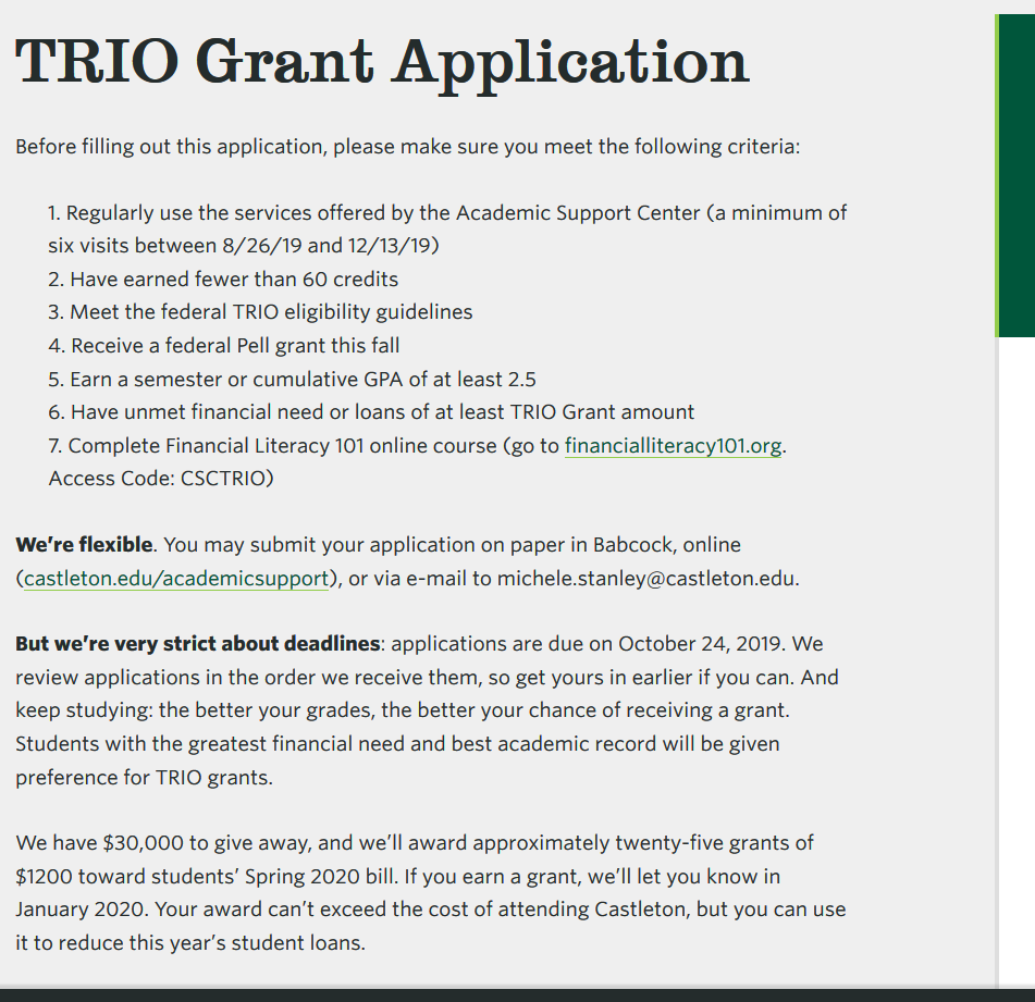 CastletonTRIO's tweet image. TRIO Grant applications are due Thurs, Oct. 24th. Apply today! castleton.edu/academics/acad…