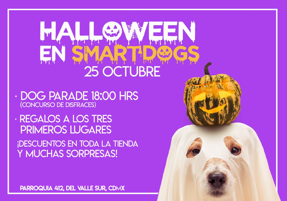 ¡Los esperamos este viernes en nuestro tradicional festejo de #Halloween! 👻 ¡No olviden traer a sus perrunos disfrazados! 🎃 #HalloweenEnSmartDogs <a href="/En_laDelValle/">En la Del Valle</a>