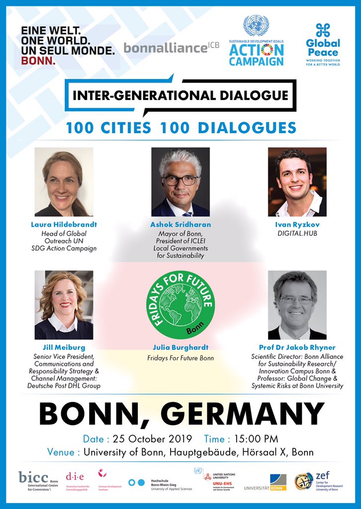 GlobalPeaceHQ's tweet photo. Time to register for the #100Cities #100IGDs Bonn Dialogue! A great line-up of speakers to discuss matters related to youth, politics and sustainable development both in Bonn and the rest of the world! #Globalpeace #SDGs https://t.co/kuoju38Vgo https://t.co/Z4nv9sWcLK