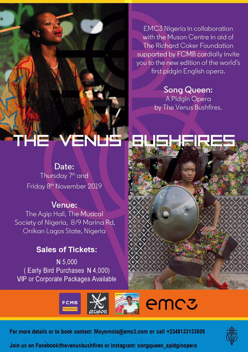 venusbushfires's tweet photo. I've been waiting all year for this! I can't wait to perform #songqueenapidginopera at @MUSONng on 7 &amp; 8 Nov '19 thanks @BabaJallah @emc3nigeria @MyFCMB @MUSONng 🙏🏾❤️ https://t.co/ZtF8oqTtF4