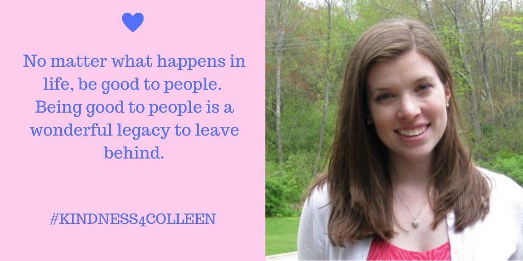 KindnessColleen's tweet photo. Six years ago today the world lost a caring, energetic &amp; passionate young woman. As we mourn her loss we also look to honor who she was - a positive &amp; kind individual. Join us today as we spread #Kindness4Colleen in her honor.
Be the good in someone's day! https://t.co/9rQq8jaEg1