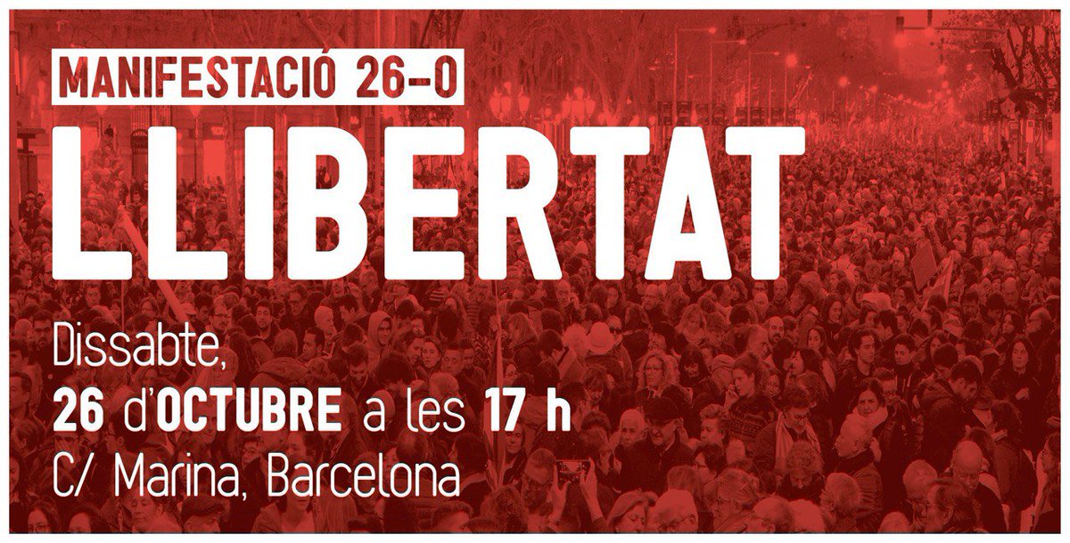assemblea's tweet photo. ⬛⬜📣 Atenció! Contra la repressió, en defensa dels drets fonamentals, continuem mobilitzats. Vine a la manifestació👇

📅 Dissabte 26 d'octubre 
📌 17 h
📍 Carrer Marina de Barcelona

📲Guarda't la data i passa-ho! Dissabte, tothom a Barcelona! 

#ObjectiuIndependència https://t.co/bq1PBeKHsf