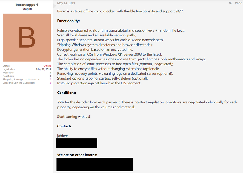 cryptogramfan's tweet photo. #Buran is a family of commodity #ransomware that we recently saw targeting German orgs through #eFax malspam campaigns delivering Buran v5 (aka "Generation V"). Its devs advertise it as a ransomware-as-a-service scheme, taking a 25% cut of paid ransoms.

https://t.co/wMfAZbHNZj https://t.co/tqITgF65Fi