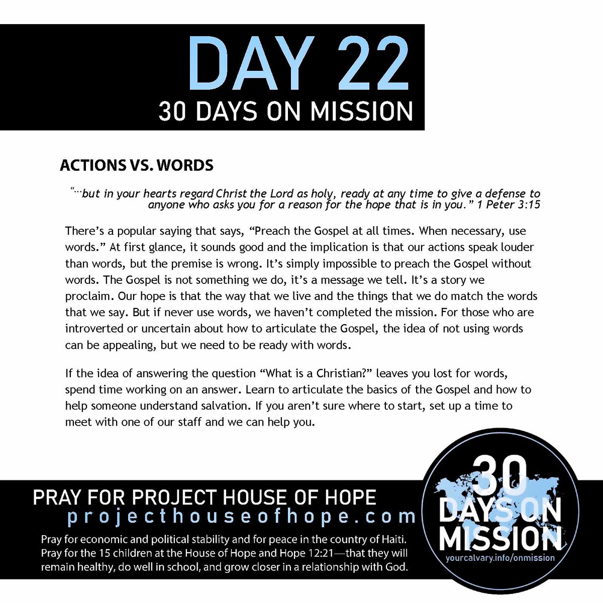 YourCalvary's tweet photo. Today is Day 22 of our 30 Days on Mission at Calvary. Our prayer focus today is @HouseHopeHaiti Join us in praying for the staff and kids they work with in Haiti. #30DaysOnMission #OnMission https://t.co/Otd6pcHx9W