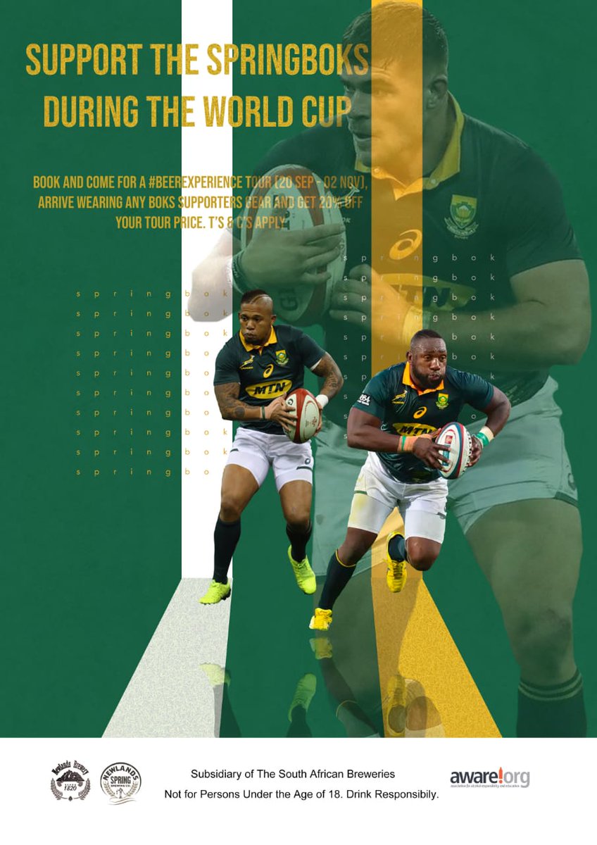 We're supporting the Boks 100%. Are you? Book your tour, arrive in Springbok gear and get 20% off your tour price (valid till 3 November) T's &amp; C's apply