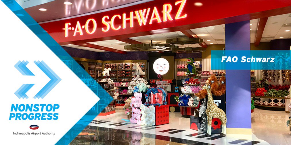 INDairport's tweet photo. Today we are celebrating the Grand Opening of @FAOSchwarz at IND 🎉 ! This opening signifies the completion of 9️⃣ new shopping and dining options now available in the terminal. Visit our website to learn more about what new options will arrive next ➡️ https://t.co/oTc7XIUOZH https://t.co/KGyDrOsabP