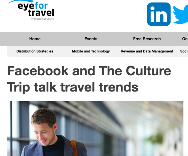 .<a href="/CultureTrip/">Culture Trip</a>'s VP Marketing, Elizabeth Carter, talks travel trends in advance of her <a href="/EyeforTravel/">Lester Bonham</a> appearance - Chicago/Oct. 28-29 - eyefortravel.com/social-media-a…