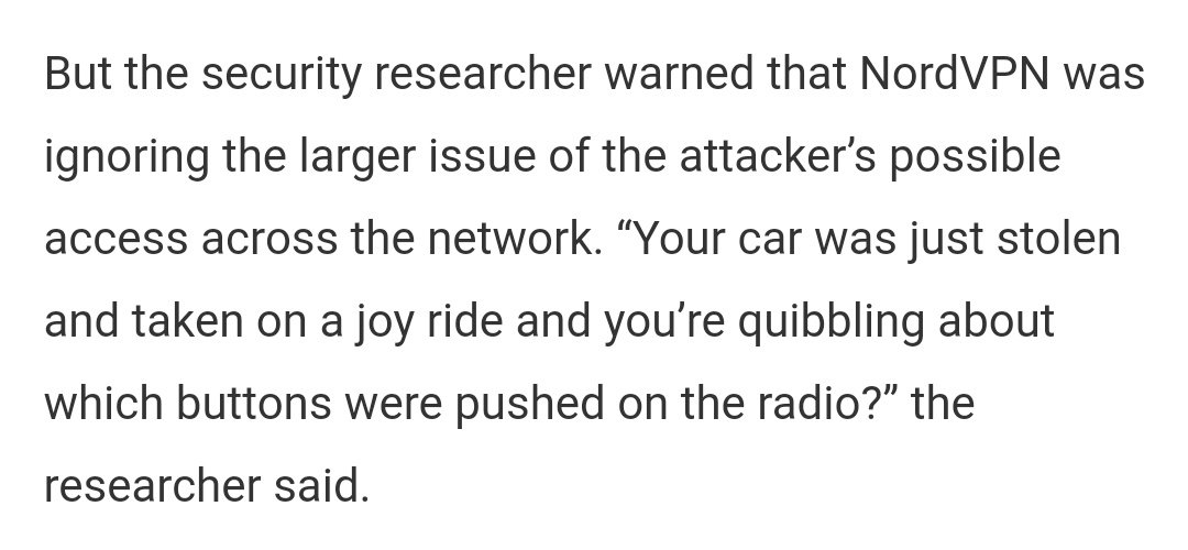 MalwareJake's tweet image. "Your car was just stolen and taken on a joy ride and you're (NordVPN) quibbling about which buttons were pushed on the radio." - outstanding write-up by @zackwhittaker on the NordVPN hack.
techcrunch.com/2019/10/21/nor…