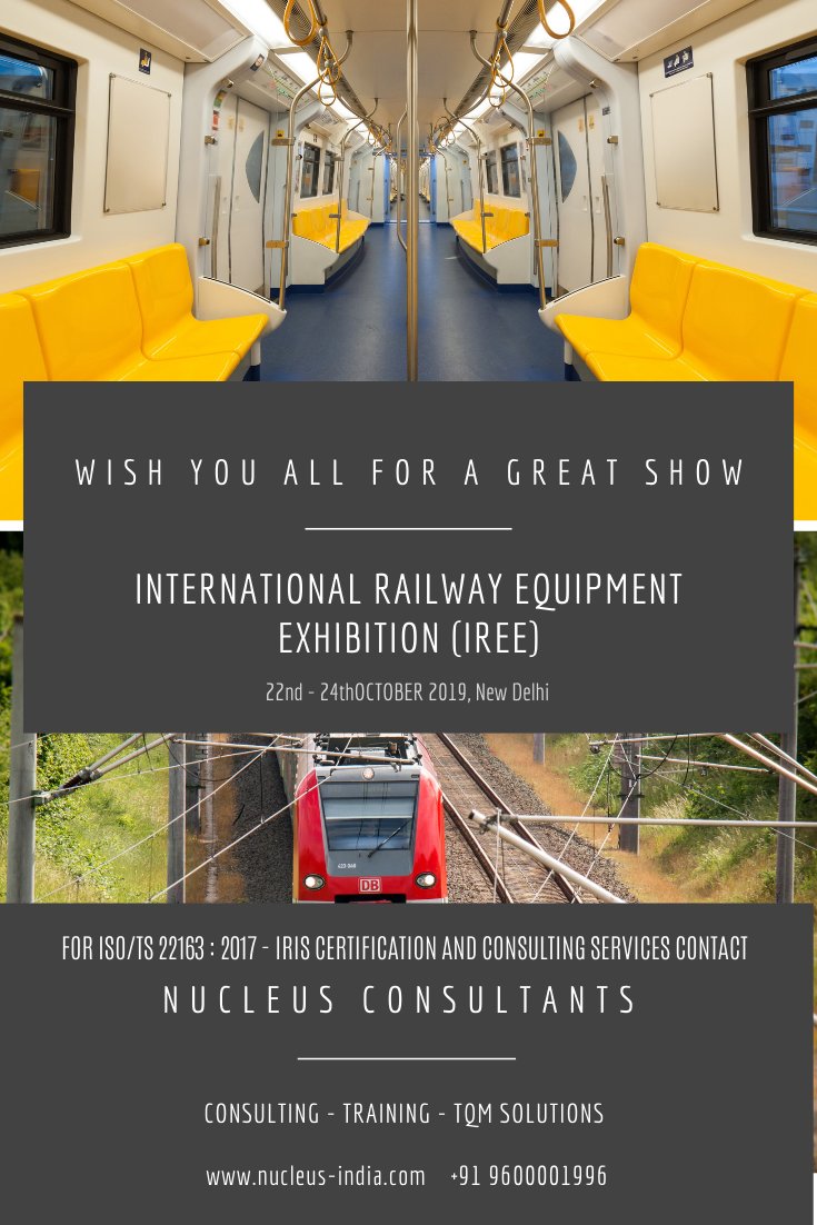 nucleusindia's tweet photo. To all the stake holders in Rolling Stock and Signalling Equipments eco-system

We @nucleusindia wishes all for a great show. 💐 🚞  🚆  🚂

 International Railway Equipment Exhibition (IREE) 

@Iree2019 @CIIEvents @FollowCII

#IRIS #IREE  #IREE2019 #IRISCertifications #RailQMS https://t.co/WuRIWRGGlx