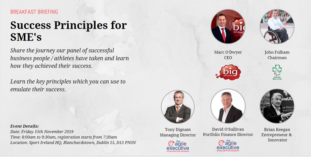 TonyAtAgileExec's tweet photo. Success Principles for SME's
We are delighted to be hosting an event for ambitious SME's in The National Sports Campus on 15th November from 8:00 to 9:30 with some great speakers - Brian Keegan, Marc O'Dwyer, John Fulham and David O´Sullivan. You can book on Eventbrite https://t.co/UX3ZZrPF7y