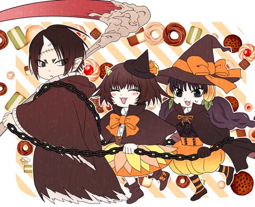 ハロウィン鬼マキミキちゃん。あの中二病ぽい鎖の使い道考えてたらこうなりました。マキちゃんは鬼灯様についていけばお菓子がもらえると思ってる。 