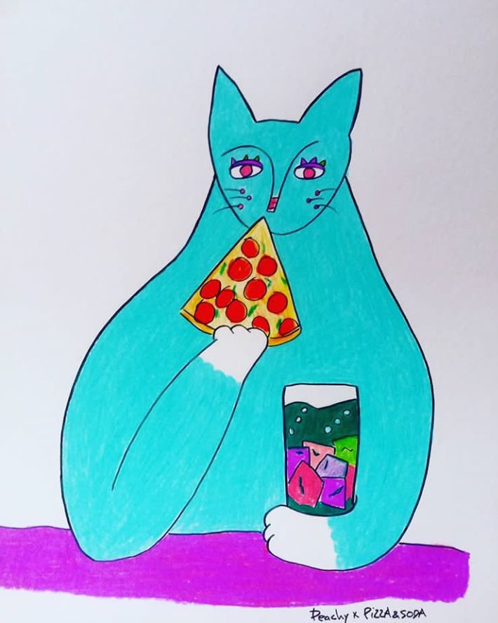 Border V Twitter マルシェ出展者の紹介です Peachycatsさん 初めまして Yumiyamamotoです Lazyでsexy な猫さんを描いています ピザやドーナツなどまるぅい食べ物が好きです 今回は 猫さんミニ額 イラストやtシャツ バッグ 缶バッジなど小物をご用意