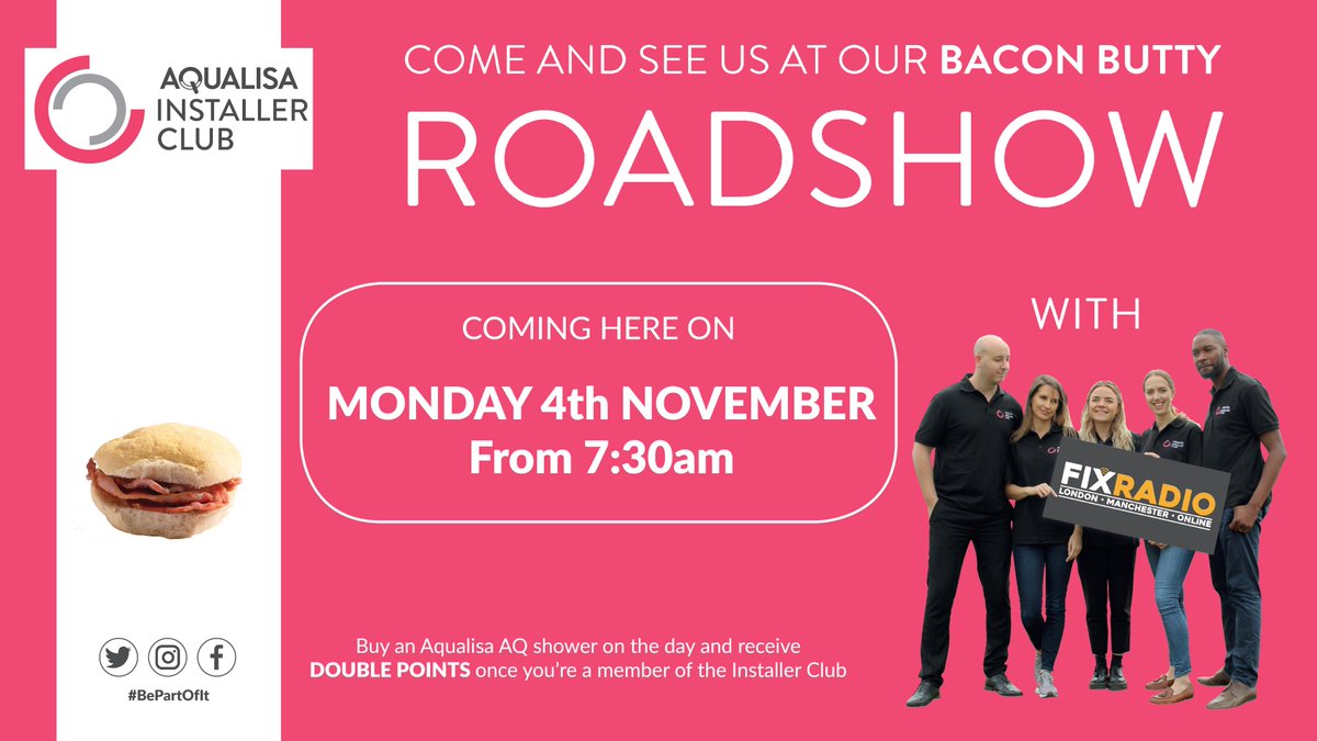 On the 4th of November, <a href="/AqualisaShowers/">Aqualisa Showers</a> is coming here to Carvers for the Aqualisa 'Bacon Butty' Roadshow! 🥓🚗

Packed with bacon rolls and giveaways! You'll also learn all about the fantastic new Aqualisa Installer Club and new mixer shower products! 😉

DON'T MISS OUT!!