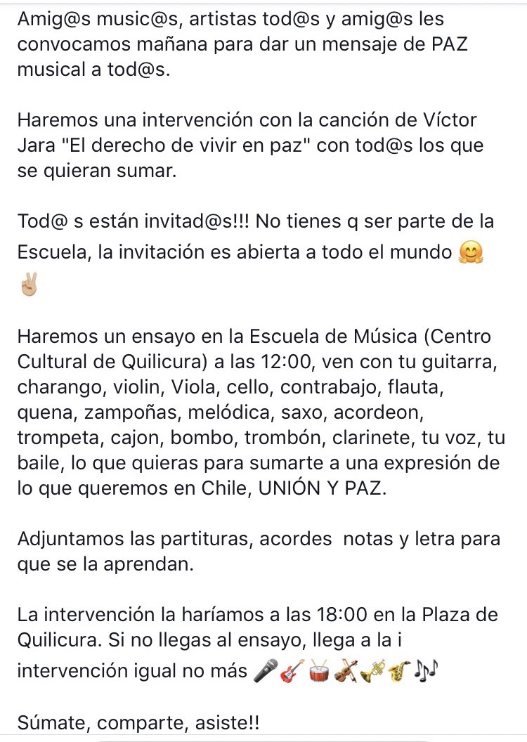EscuelaESoro's tweet photo. Mañana en la @EscuelaESoro intervención musical por la Paz 🎶 nos juntamos a las 12:00 en la escuela!! A las 18:00 sería la intervención en la plaza de Quilicura ✌🏼 músicos bailarines cantantes tod@s invitad@s!!!! El Dire 🎶💪🏼 https://t.co/gF4tO4Qn5G