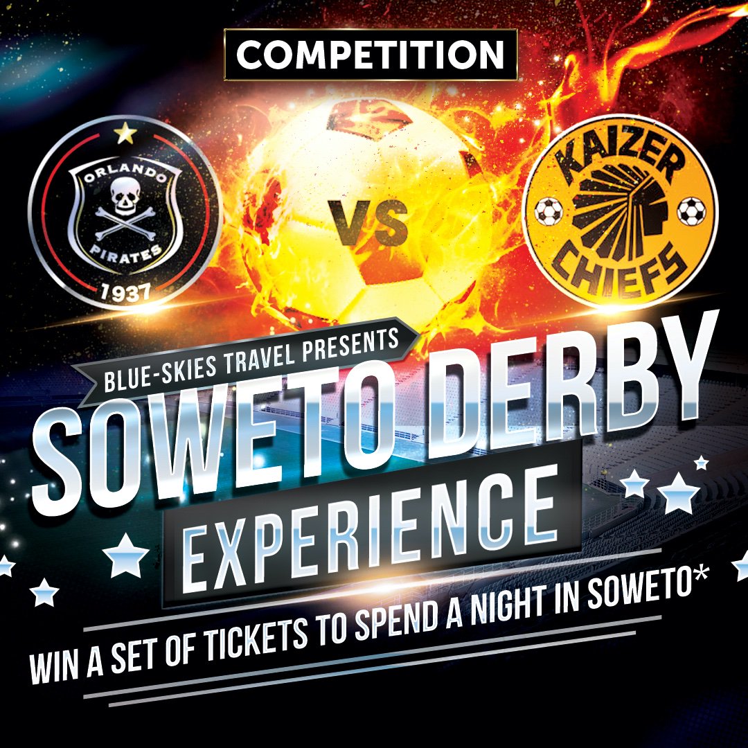 BlueSkies_SA's tweet photo. Stand a chance to win a set of tickets to watch the Soweto Derby on the 9th of November 2019. Prize includes transportation, accommodation and the After Party! Simply like and share this post. Entry is for persons 18 years and older. #SowetoDerby #ChiefsVSPirates https://t.co/yRHEtQt48Y