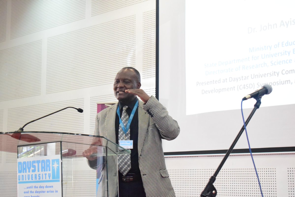 DaystarUni's tweet photo. One of the Keynote speakers at the symposium Dr. John Ayisi, Deputy Director, Directorate of Research, Ministry of education says that our education system should promote creativity, critical thinking and communication skills at all levels. #C4SD https://t.co/7c0DANehwa