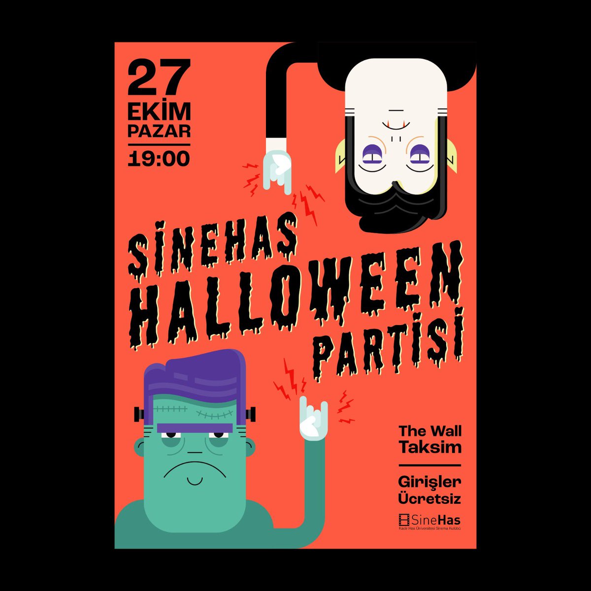 27 Ekim Pazar akşamı Halloween’ı beraber kutluyoruz!🎃
Megan The Wall Taksim🤠 Kapı açılışı 19.00, etkinliğimiz ücretsizdir!
Kostümlerinizi hazırlayın, hepinizi bekliyoruz😈

Afiş Tasarımı: Alp Eren Tekin