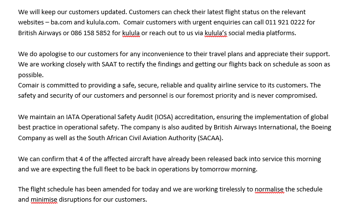 TAGTravel_Za's tweet photo. #TAGUpdate #TravelAlert #Comair trade update.
We continue to advise our @TAGTravel_Za travellers to make contact directly with us, should they have any concerns. https://t.co/bczGCZtcgk