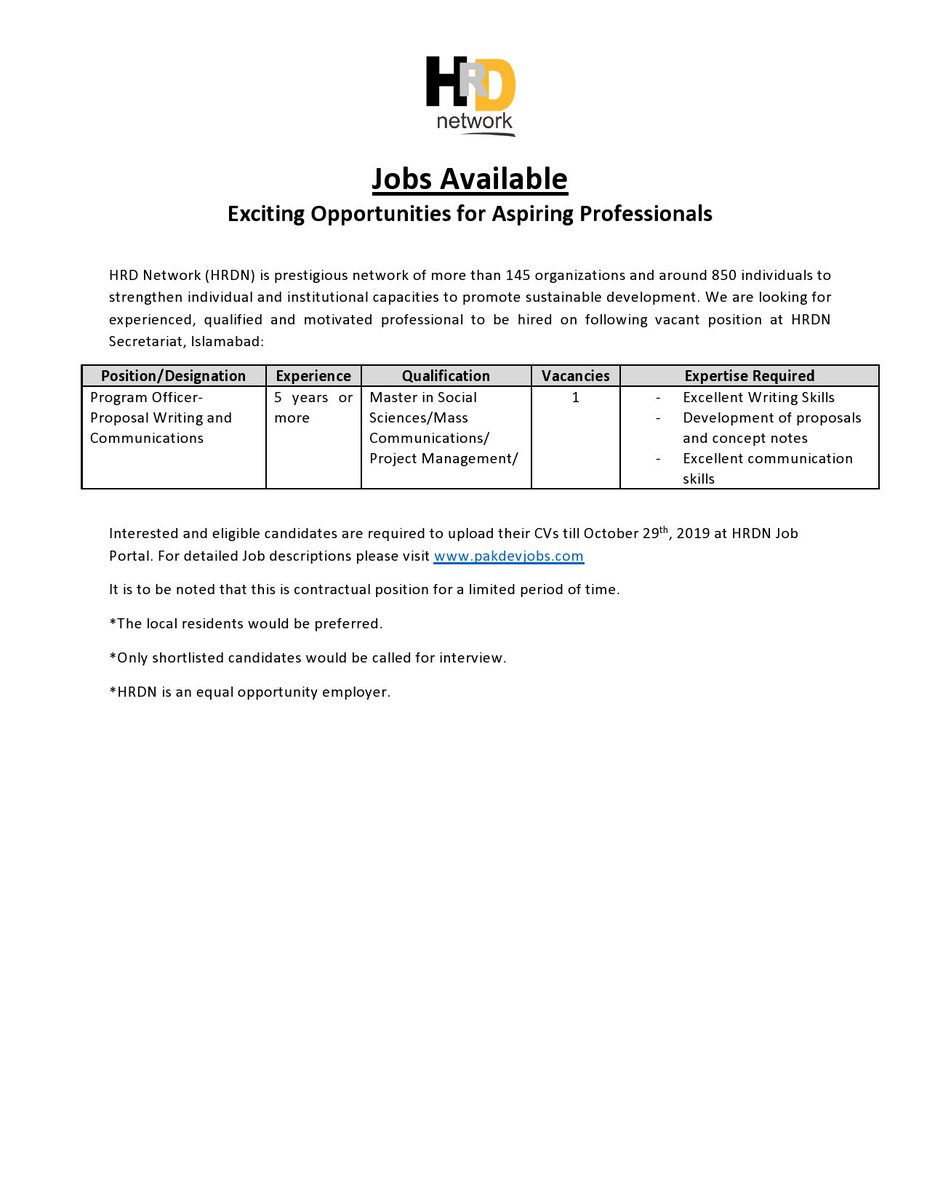 hrdnpk's tweet photo. Here is an exciting opportunity for aspiring professionals to excel their careers at HRDN. Eligible candidates are welcome to apply for the post of 'Program Officer'. Please apply through our job portal https://t.co/HBUOAj4Gm2 not late than October 29th, 2019. https://t.co/vYjpH1DIGu