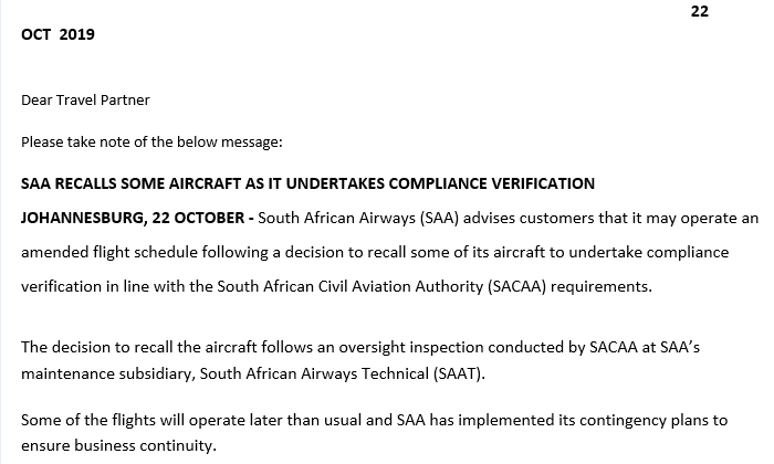 TAGTravel_Za's tweet photo. #TAGUpdate #TravelAlert Further updates @TAGTravel_Za travellers⬇️ from our #travelpartner
@flySAA_US STATEMENT: Flight Disruptions 22 OCT 19
Any concerns contact our agents at: +27117595100 https://t.co/mJwtFiAn2u