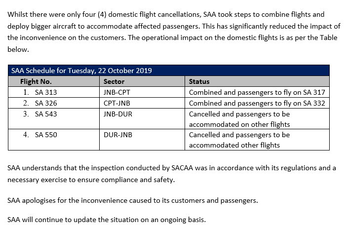 TAGTravel_Za's tweet photo. #TAGUpdate #TravelAlert Further updates @TAGTravel_Za travellers⬇️ from our #travelpartner
@flySAA_US STATEMENT: Flight Disruptions 22 OCT 19
Any concerns contact our agents at: +27117595100 https://t.co/mJwtFiAn2u