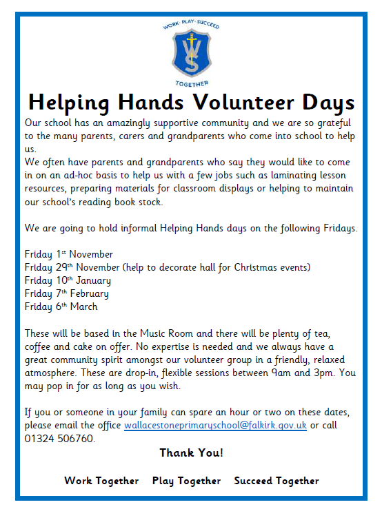 WallacestonePS's tweet photo. Huge thank you to our volunteers who came in during the last week of term. We've set aside some Fridays for Helping Hands days. Please see poster emailed home if you're interested. Thank you so much. https://t.co/xz1cuioMrs