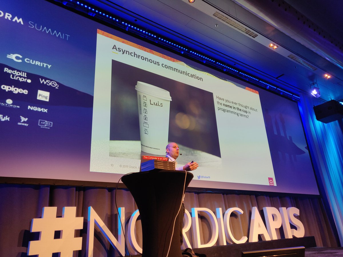 Jmneate's tweet photo. @Luisw19 explaining a real-world analogy for asynchronous communication @nordicapis #PS19 https://t.co/aGZi6yYGsc