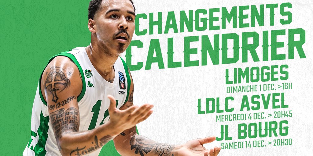 Nanterre92's tweet photo. 📆 Calendrier : le point sur les changements ‼️ 

⚪️ @limogescsp > 1er décembre - 16h

⚫️ @LDLCASVEL > 4 décembre - 20h45

🔴 @JLBourgBasket > 14 décembre - 20h30 

#WeAreJSF #JeepELITE https://t.co/nQ94ZuCmFJ